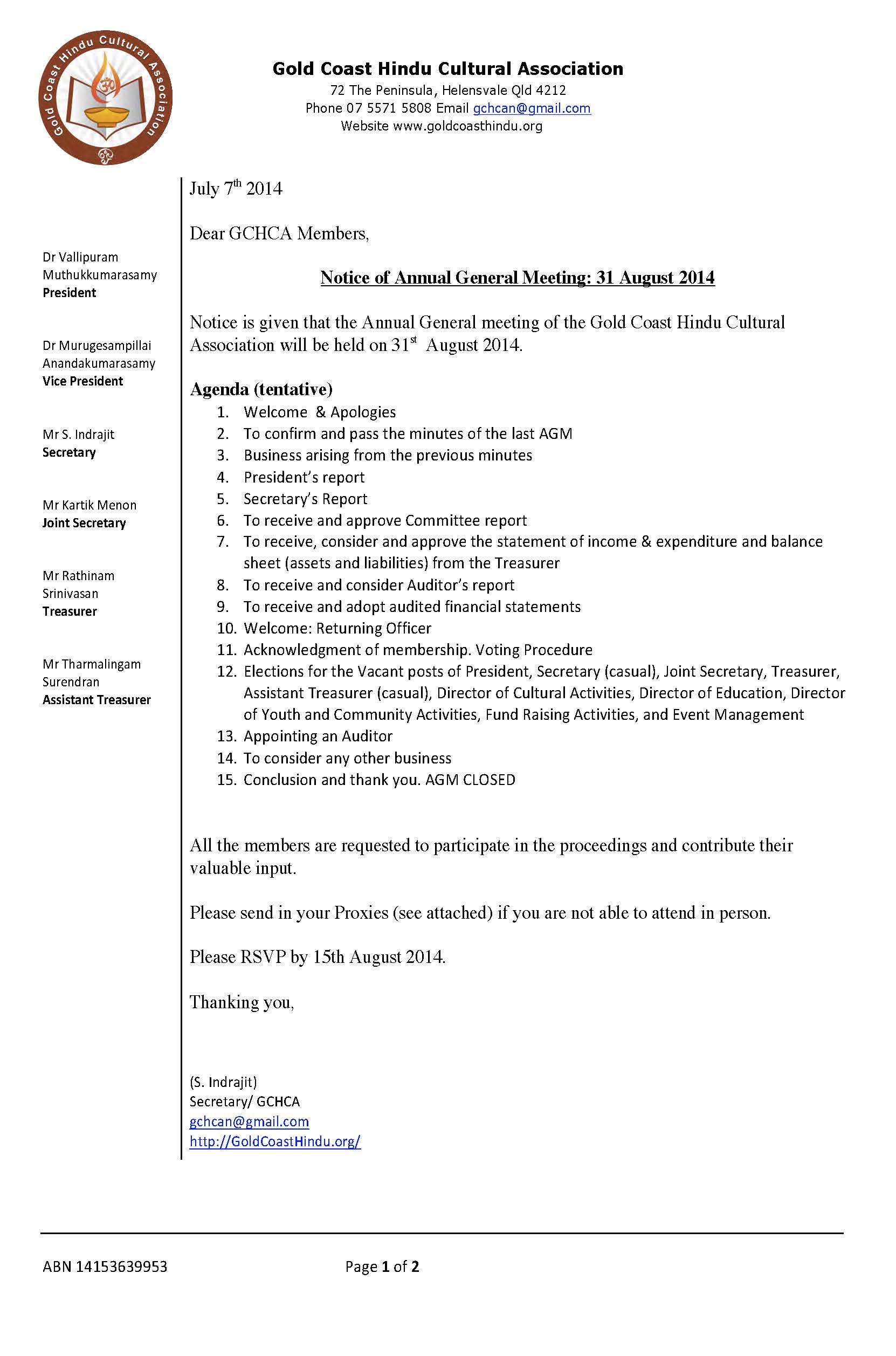 AGM #3  & Elections For Management Committee - August 31st 2014