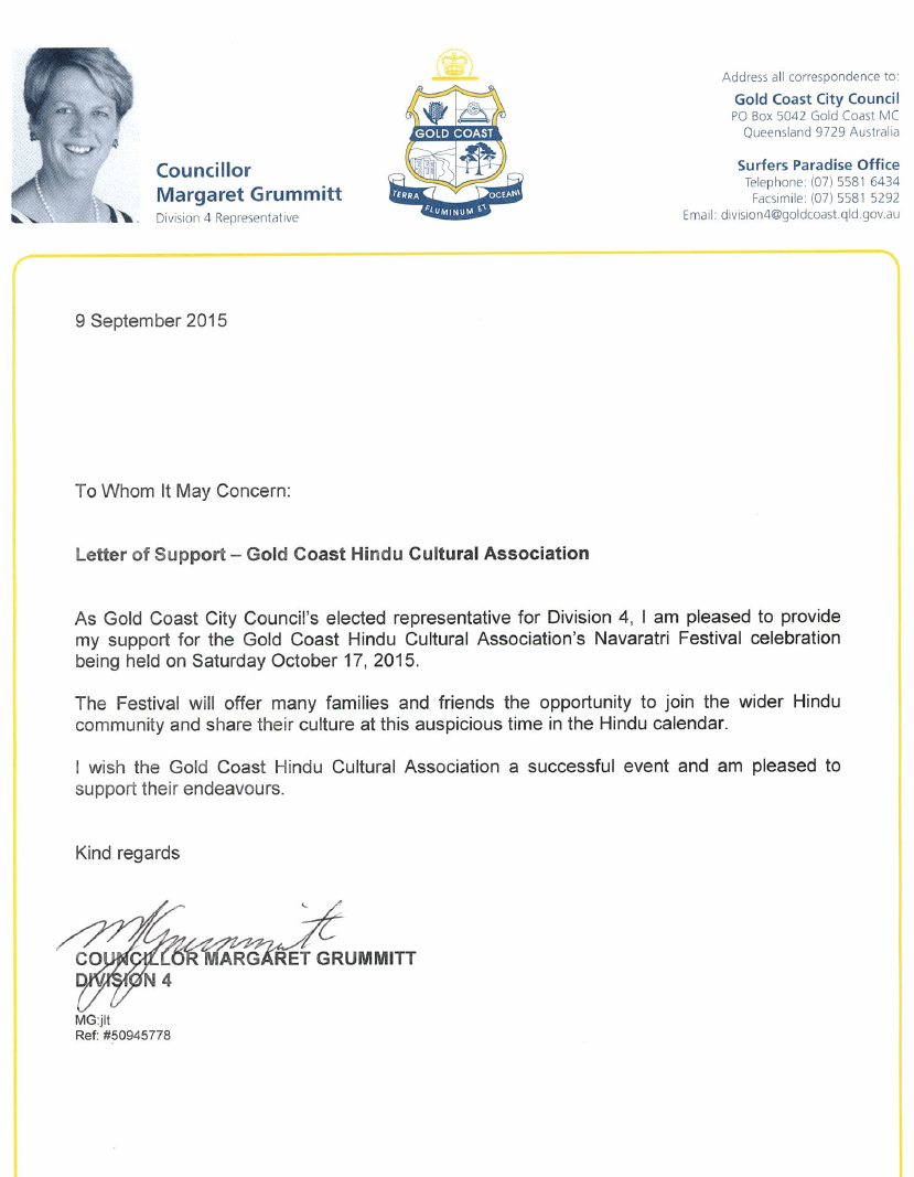 Letter Of Support Cr Margaret Grummitt