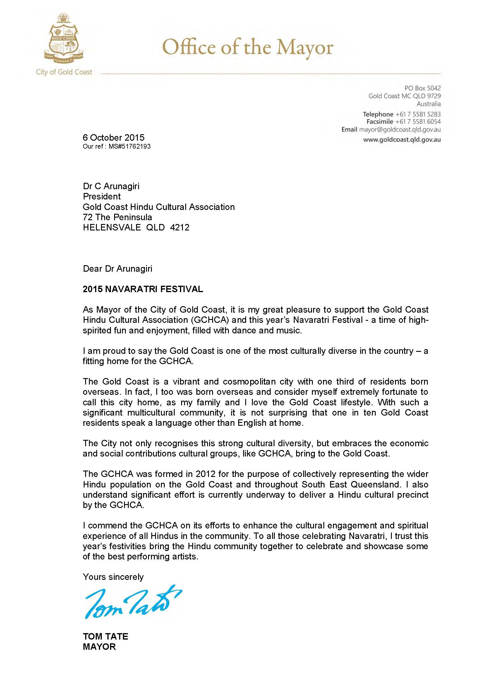 Letter Of Support - Mayor Tom Tate