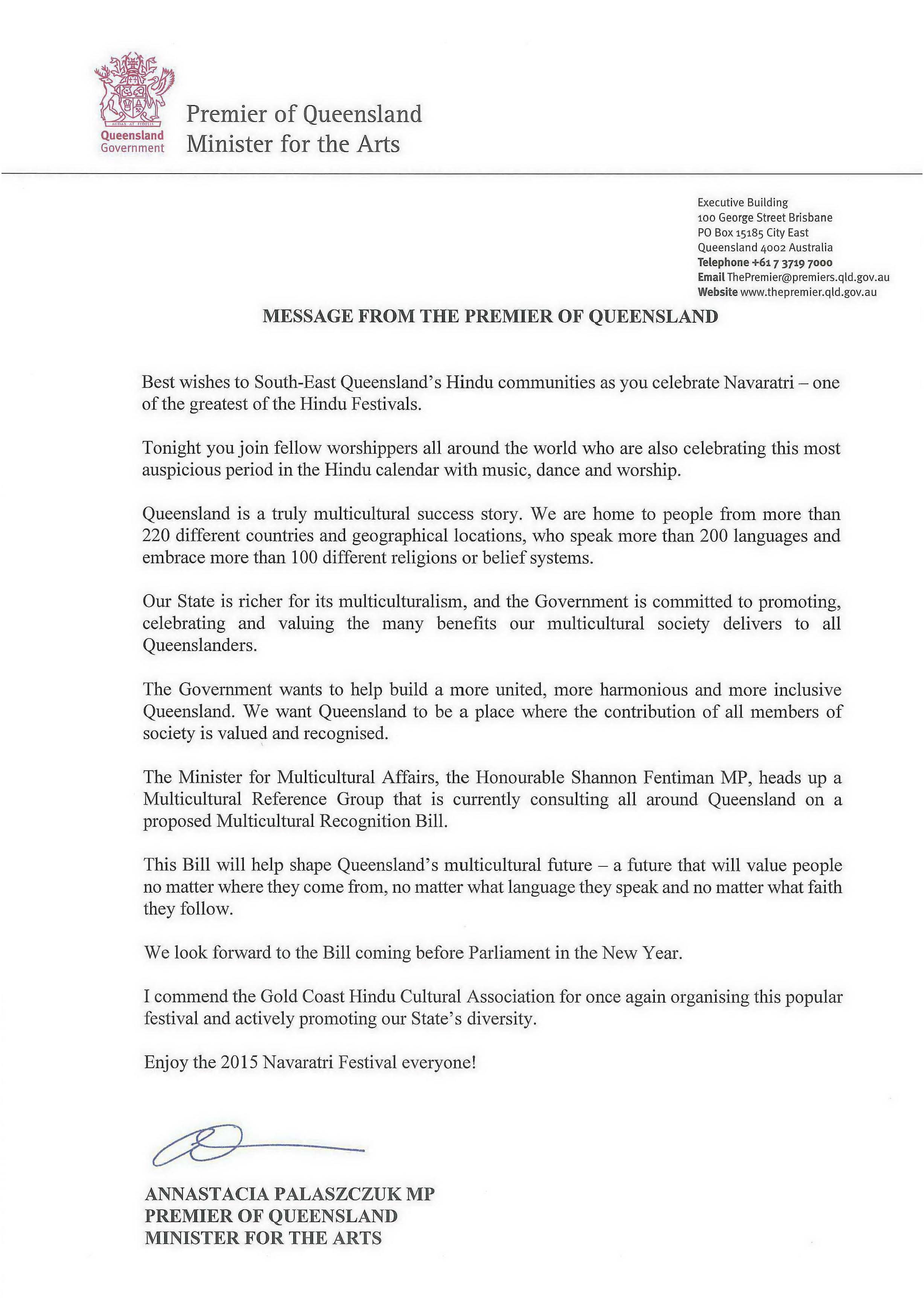 Letter Of Support - Premier of Queensland - Annastacia Palaszczuk MP