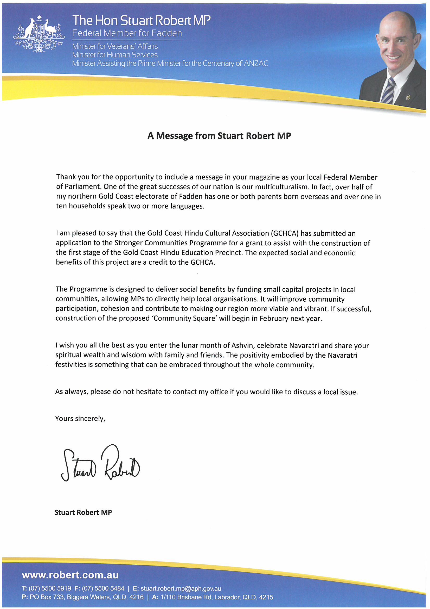 Letter Of Support - Minister Rob Stuart